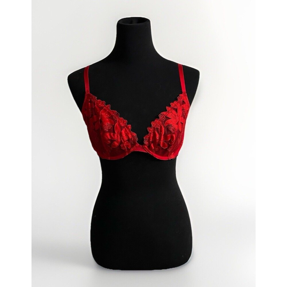 Victoria's Secret Red Lacy Unlined Plunge Bra 34D With Underwires